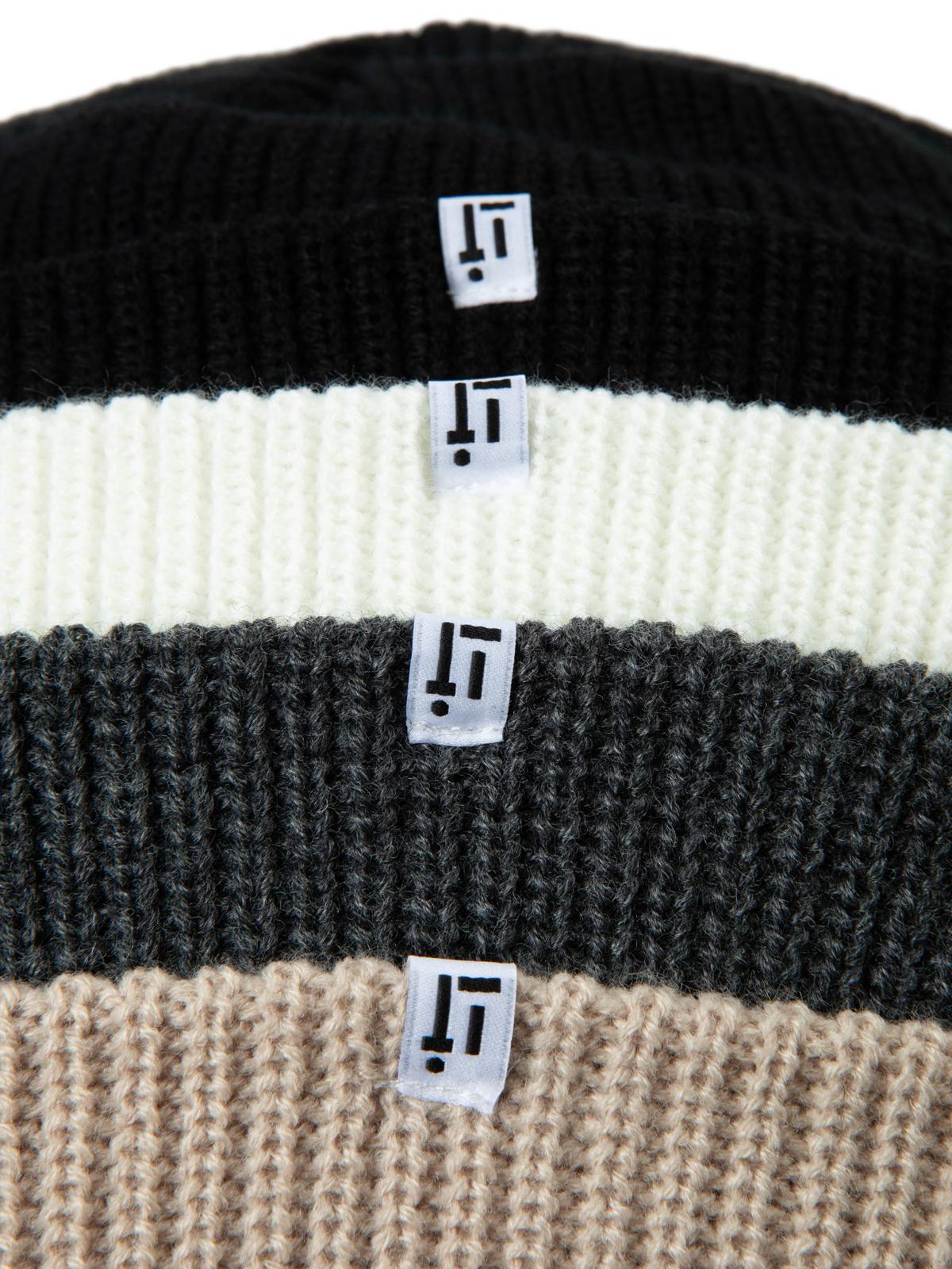 Black, white, gray, and beige striped beanie with a brand logo on each color block.